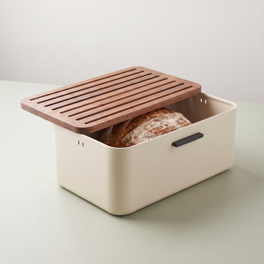 Ivory bread keeper with slatted walnut lid