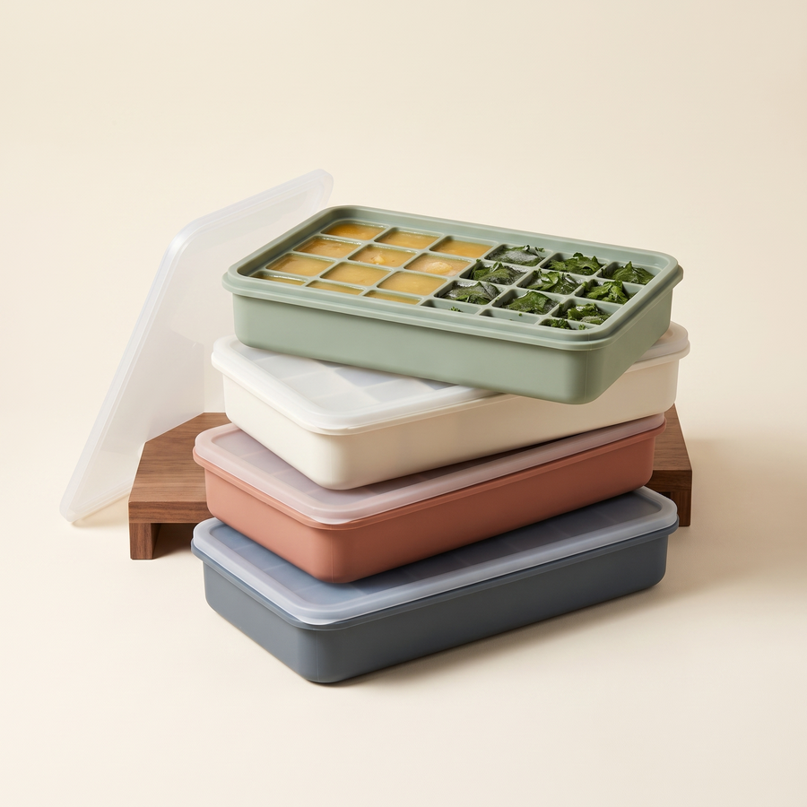 Four coordinated freezer portion trays with fitted lids