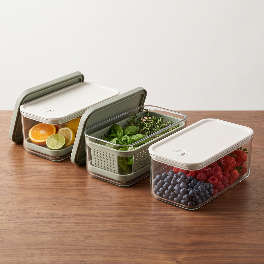 Clear produce keeper containers with sage drain baskets