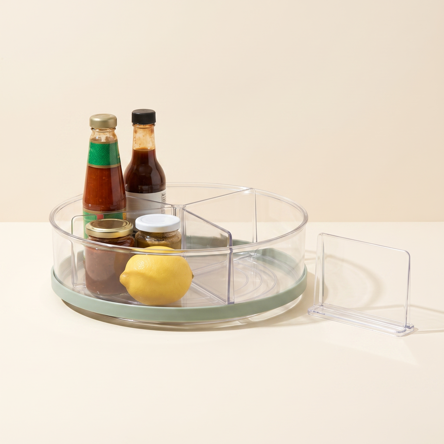 Clear divided refrigerator turntable organizer with sage rim