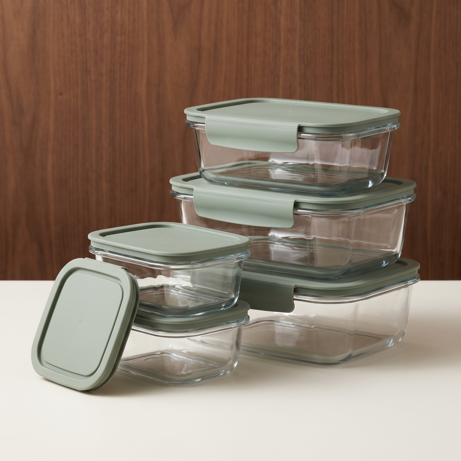 Stacked clear glass food storage containers with sage lids