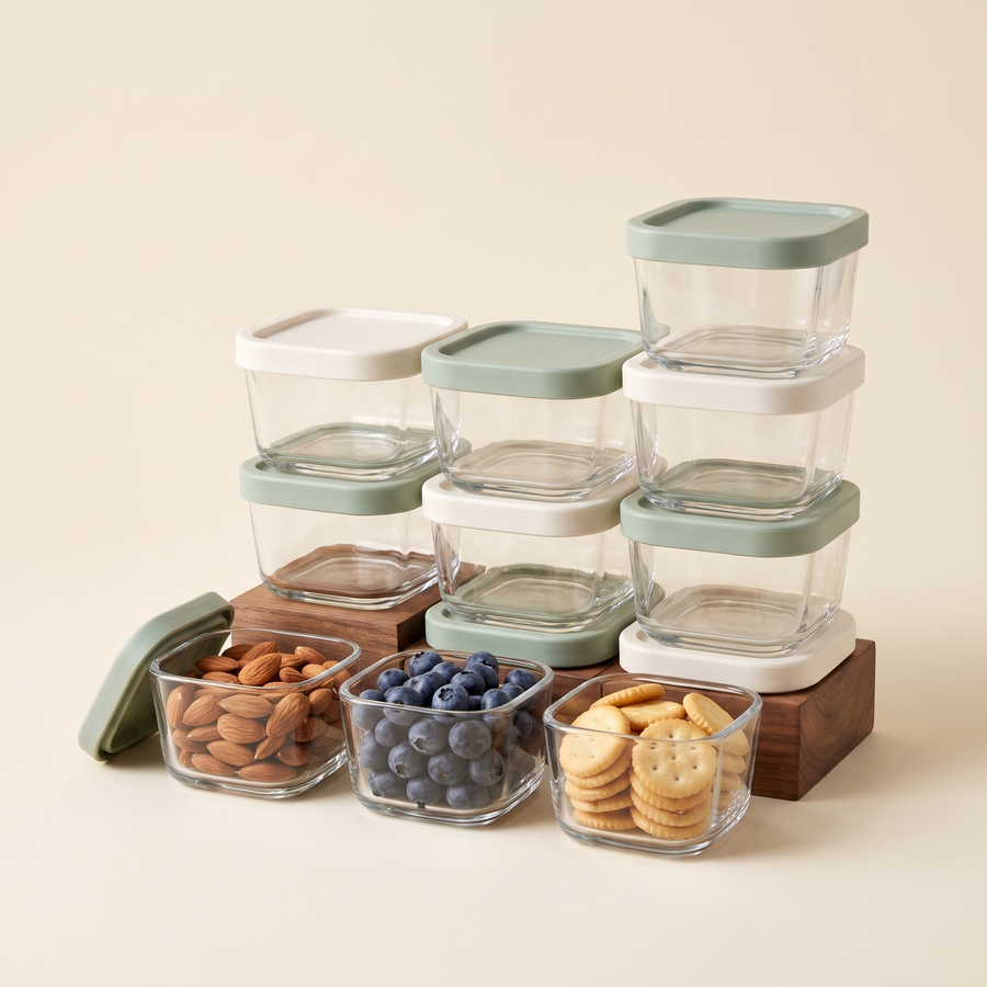 Ten small clear stackable snack containers with sage and ivory lids