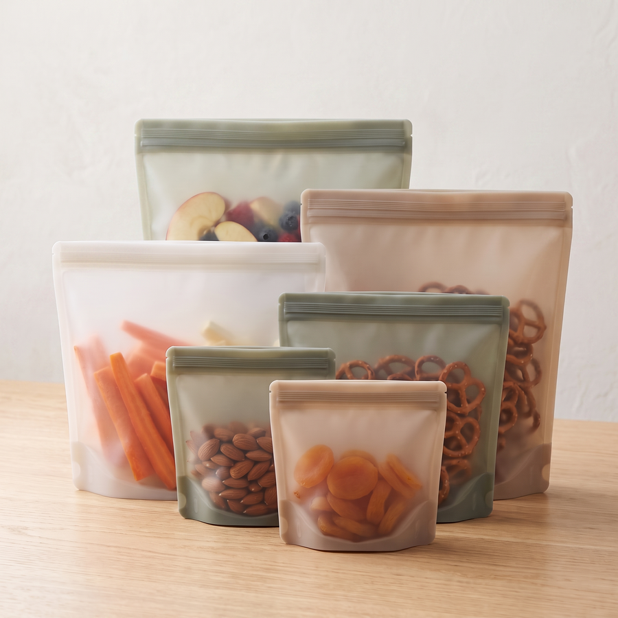 Reusable food storage bags in sage and warm neutral colors