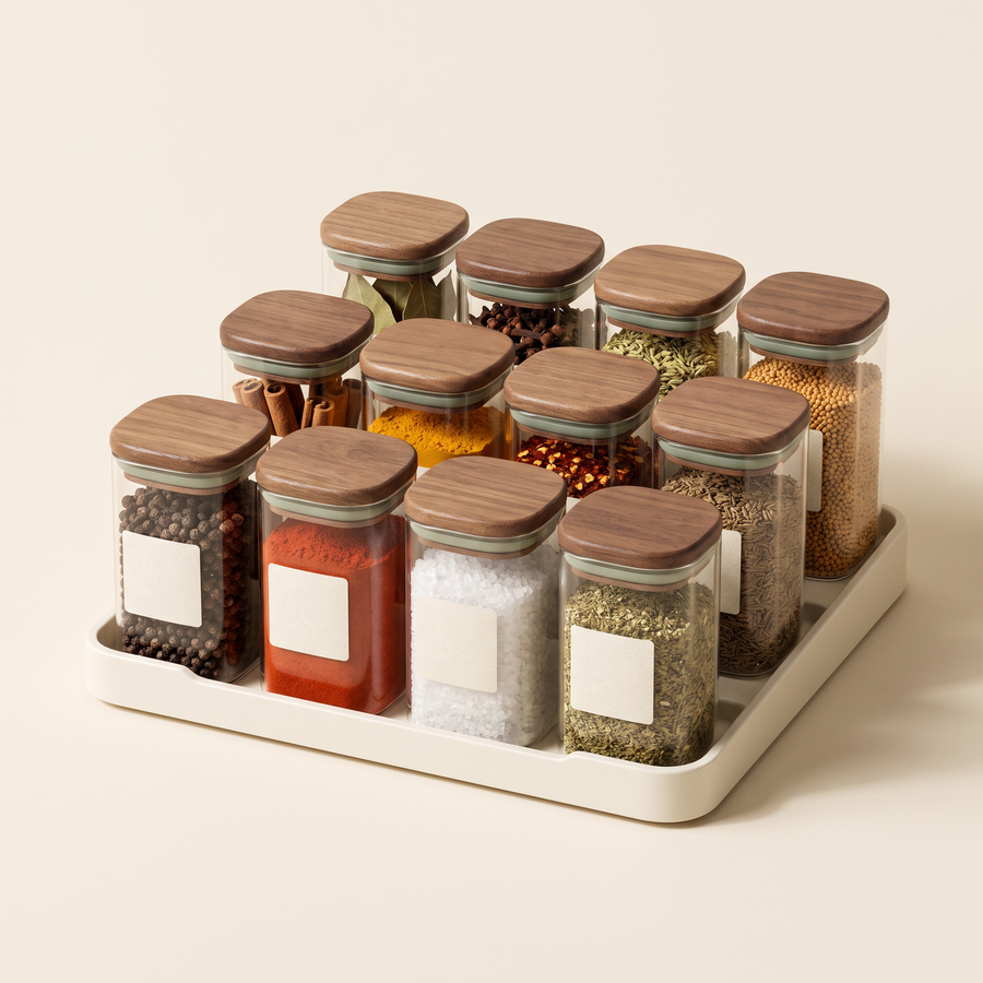 Twelve square clear spice jars with walnut-tone lids in an organizer tray