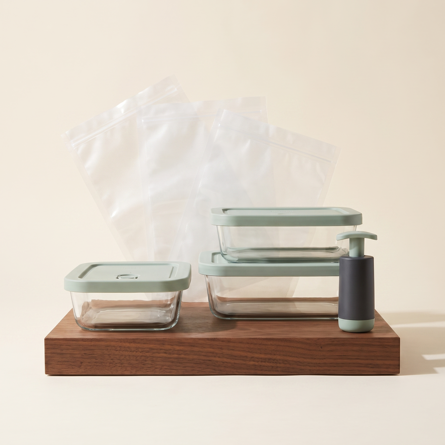 Sage vacuum food storage starter set with glass containers, bags and pump